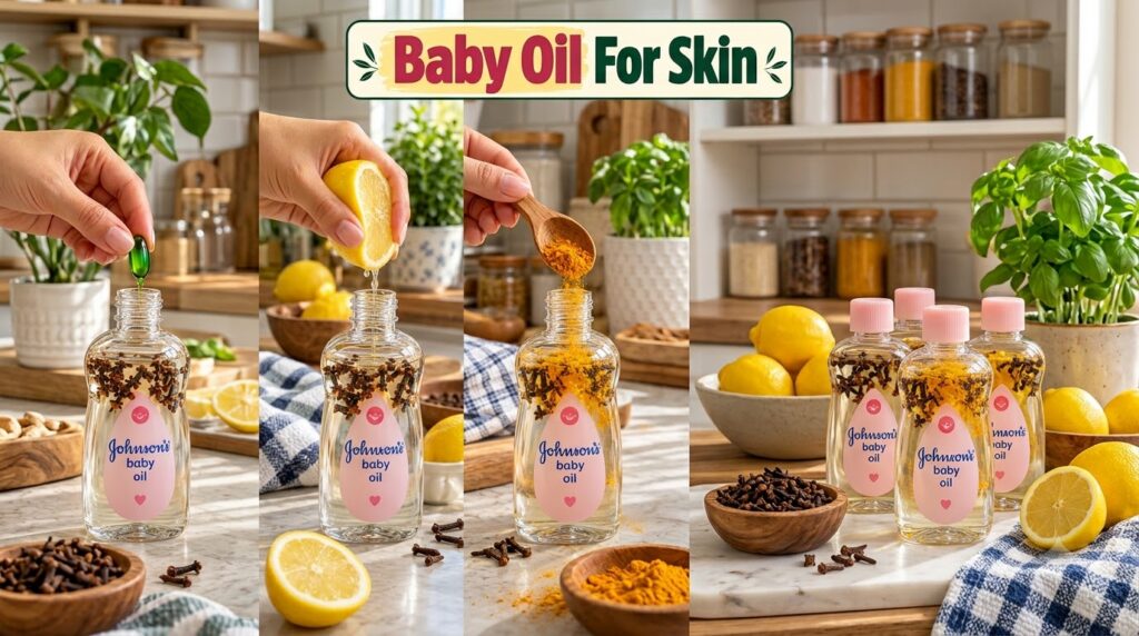 Hands adding natural ingredients like lemon juice turmeric powder and a green vitamin E capsule into a bottle of baby oi