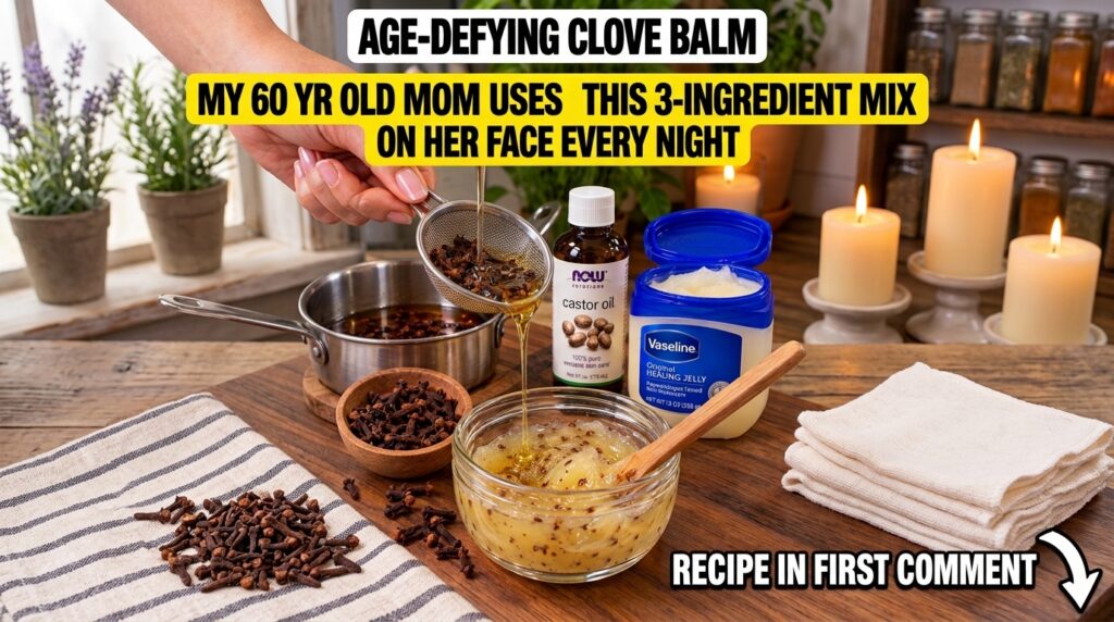 Hands straining cloves to create a golden liquid for a beauty balm with a bottle of castor oil and a jar of Vaseline vis