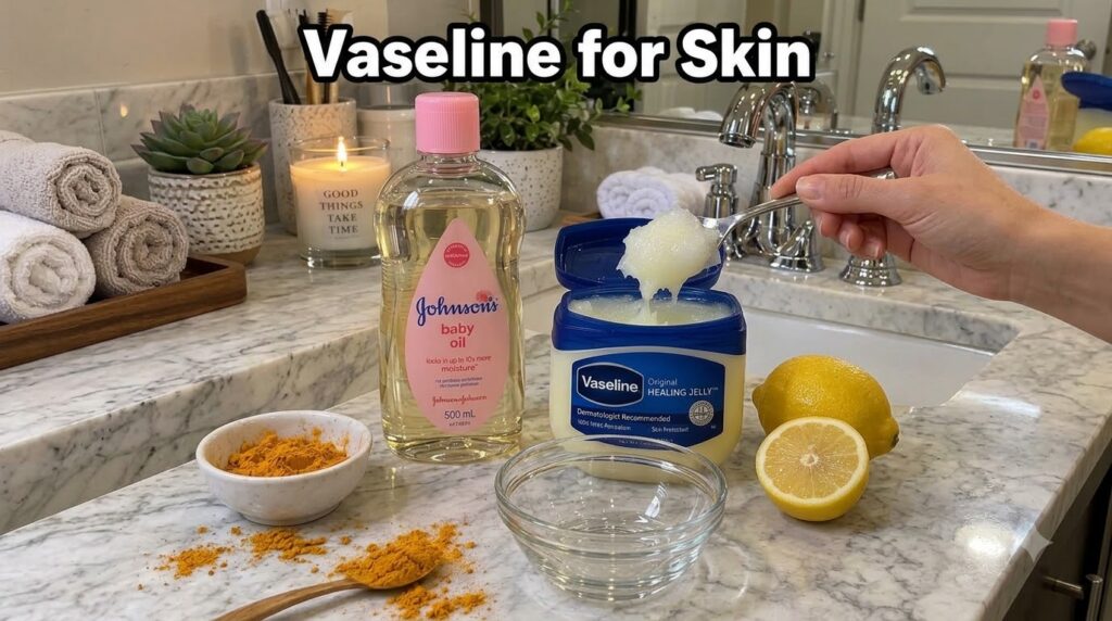 A flat lay of beauty ingredients a jar of Vaseline a bottle of baby oil bowls of turmeric powder and a sliced lemon all 