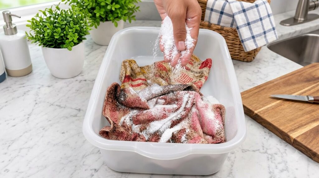 Mano espolvoreando polvo blanco sobre telas sucias en un recipiente