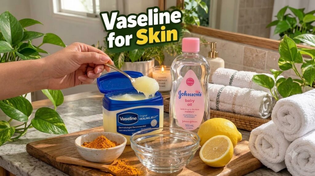 A DIY skincare setup on a wooden board with an open tub of Vaseline a bottle of baby oil a bowl of turmeric powder an em