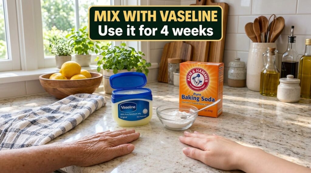 An older wrinkled hand next to a younger smoother hand on a kitchen counter with an open jar of Vaseline and a bowl of b