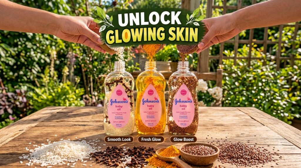 Three bottles of Johnson s baby oil being infused with rice turmeric powder and flaxseeds Hands are seen pouring the ing