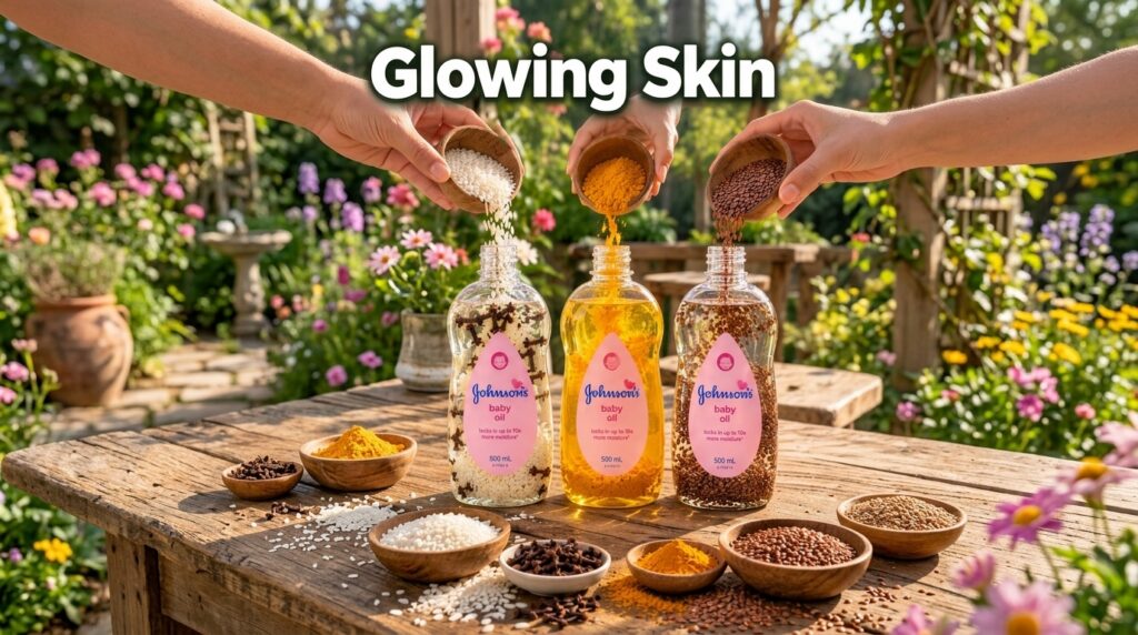 Three Johnson s baby oil bottles on a rustic wooden surface with hands pouring natural ingredients rice turmeric flax se