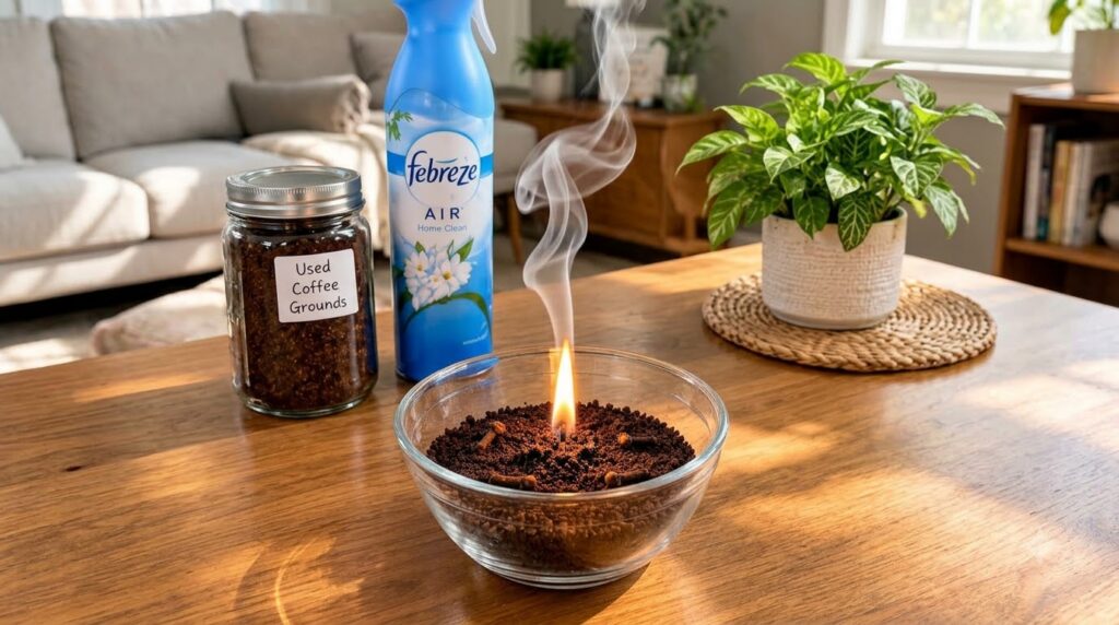 Un cuenco de vidrio con granos de café usados clavos de olor y una vela encendida sobre una mesa de madera con un frasco