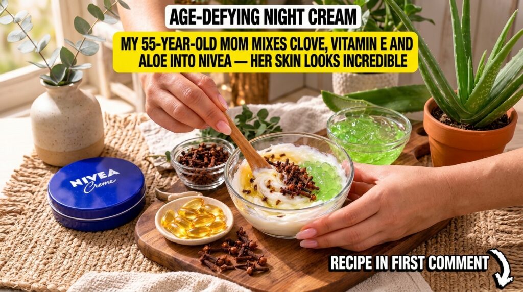 Hands mixing a white cream with golden oil green aloe vera gel and whole cloves in a glass bowl with a wooden spoon A Ni