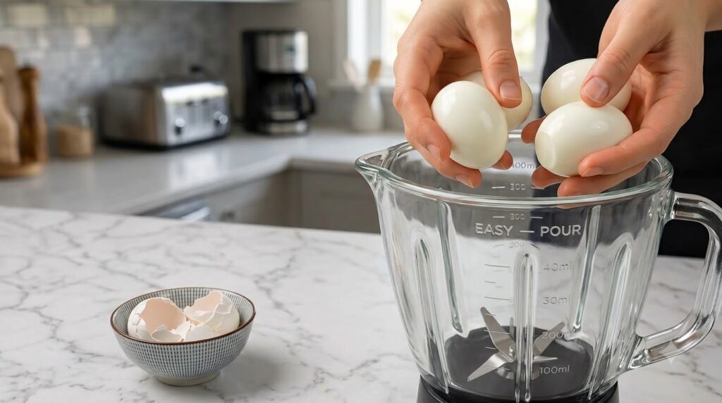Two hands holding four peeled hard-boiled vegan eggs directly above an empty glass blender on a white marble countertop
