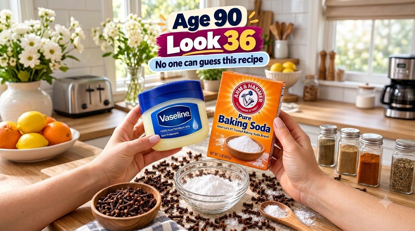 Hands presenting Vaseline and baking soda jars with a bowl of white powder scattered cloves and a wooden bowl of cloves 