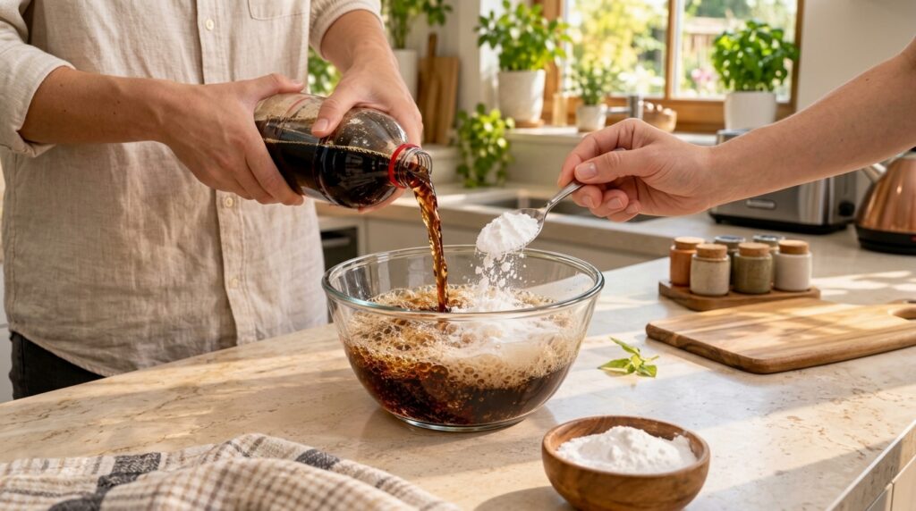 A person pouring dark cola from a bottle into a clear bowl while simultaneously spooning white baking soda into it The m