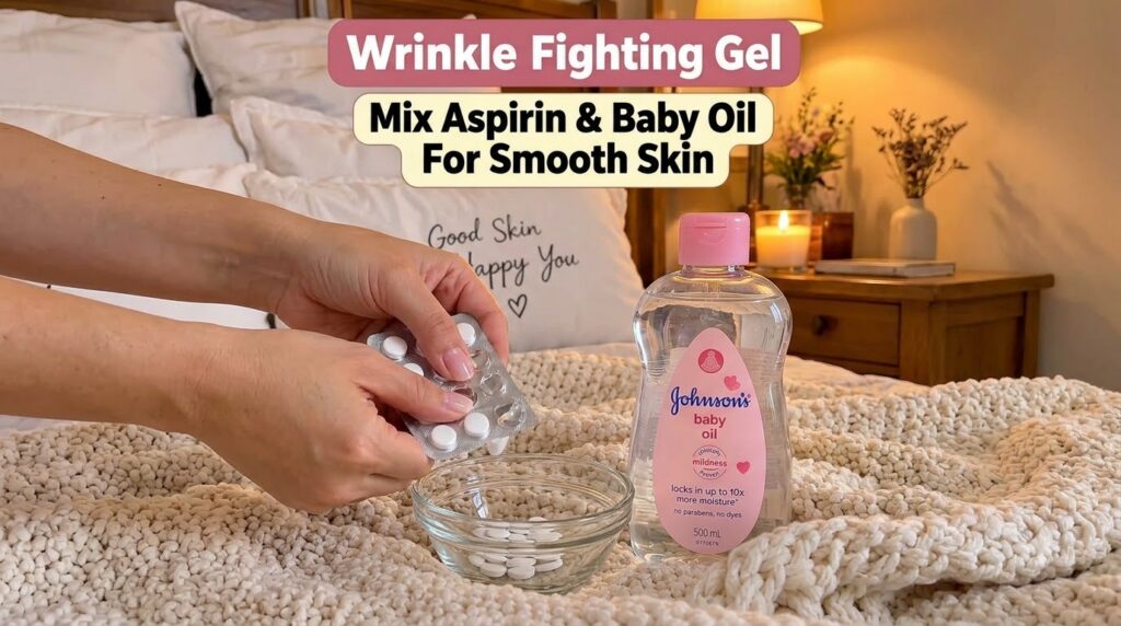 Hands dropping white pills from a blister pack into a small glass bowl next to a bottle of Johnson s Baby Oil on a textu