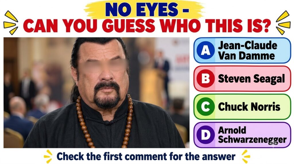 A quiz card showing a close-up portrait of Steven Seagal with his eyes blurred by a horizontal bar He has a prominent go