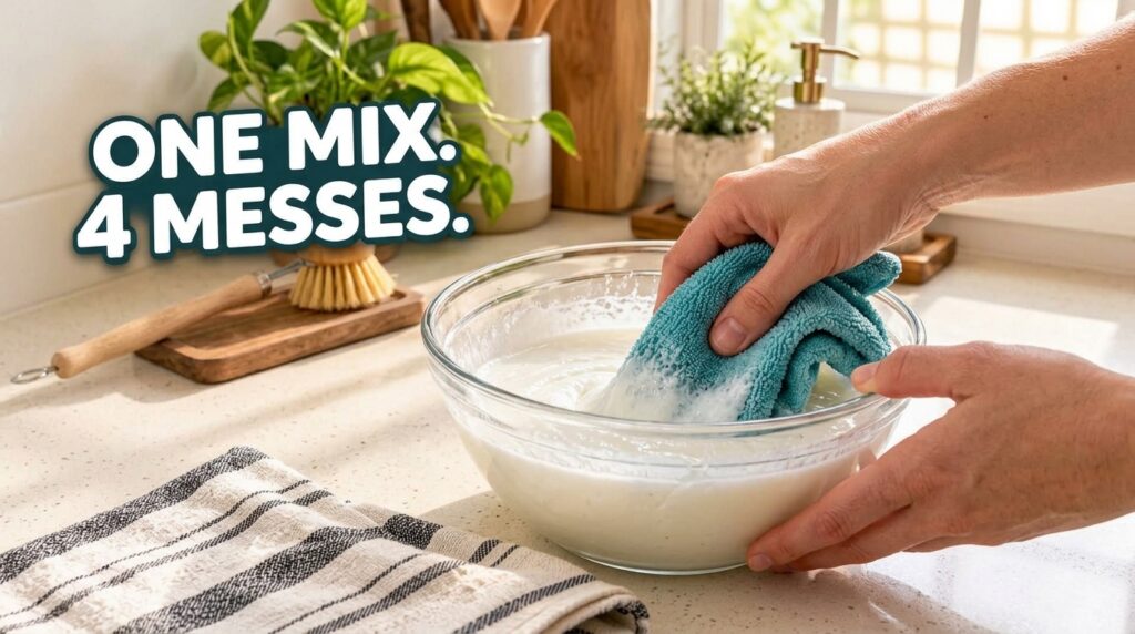 A hand using a blue microfiber cloth to mix a white foamy cleaning solution in a clear glass bowl on a kitchen counter w
