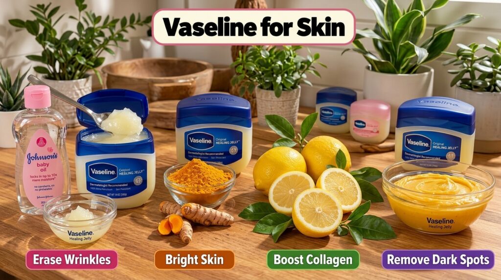 A four-panel collage showing different Vaseline uses Each panel has a Vaseline jar a spoon with jelly and an ingredient