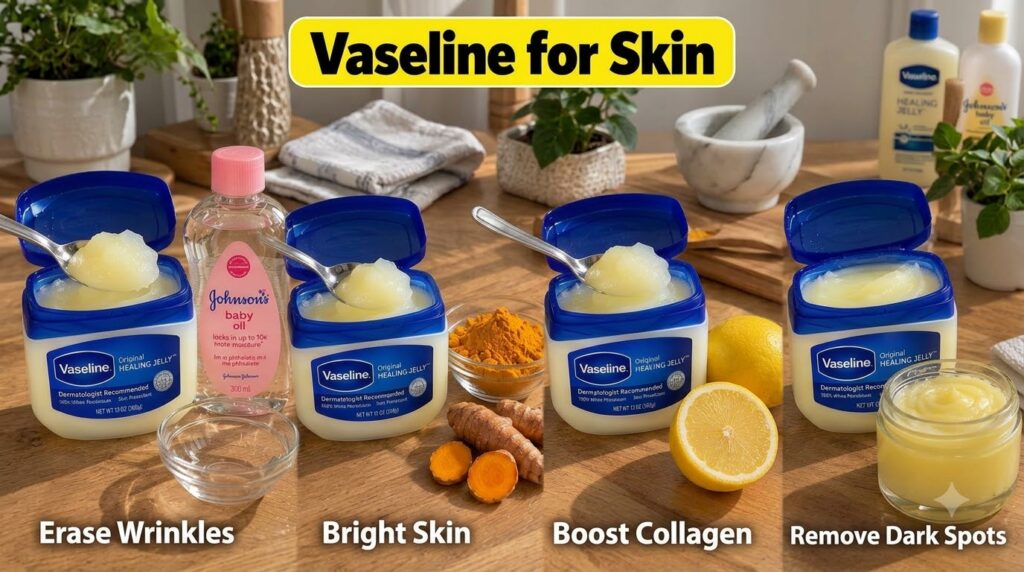 A 2x2 grid showing different Vaseline DIY beauty hacks Top left Vaseline and baby oil Top right Vaseline and turmeric Bo