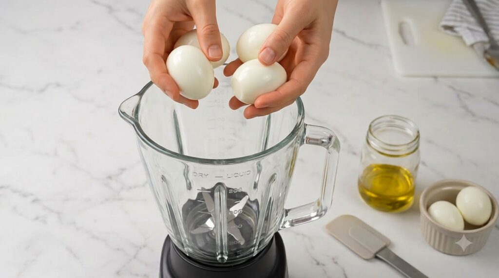 A hand is gently pouring soaked cashews into an open blender jar ready to be blended into a creamy sauce