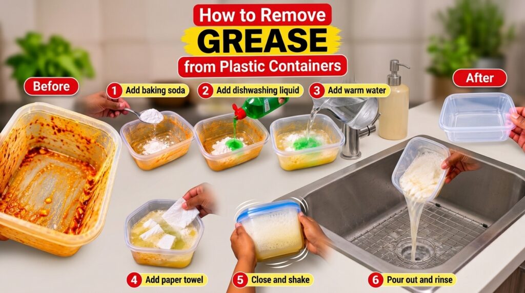 An infographic showing a six-step process to remove grease from plastic containers with a Before and After comparison ha