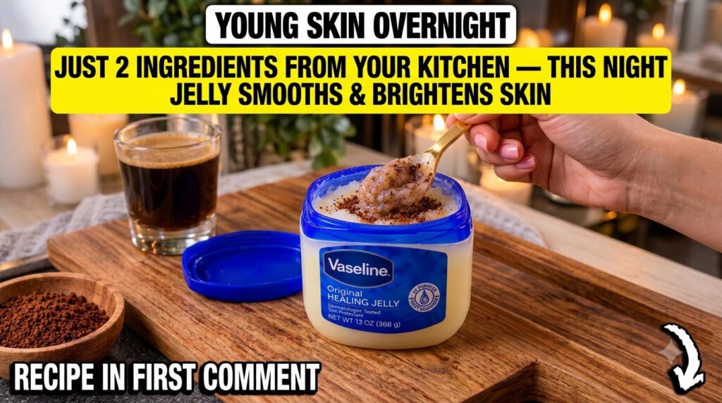 Hands mixing Vaseline instant coffee granules and cocoa powder in a small glass jar with a golden spoon In the backgroun