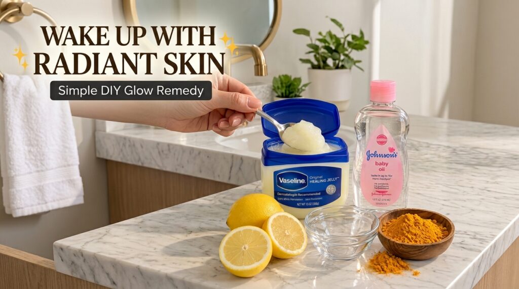 A DIY beauty recipe setup with a tub of Vaseline baby oil fresh lemons an empty glass bowl and turmeric powder in a wood
