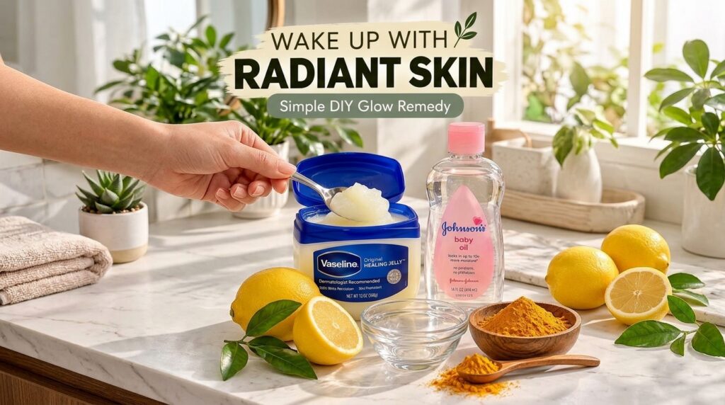 A flat lay of ingredients for a DIY glow remedy on a marble counter including a hand scooping Vaseline a bottle of baby 