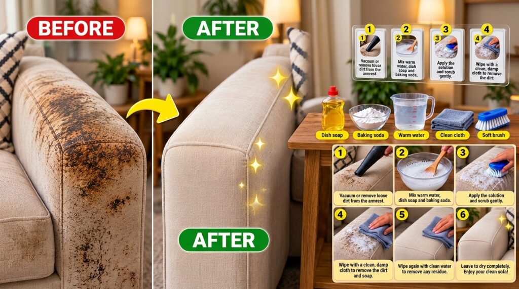 A detailed infographic showing a before and after comparison of a sofa armrest with steps for cleaning using baking soda