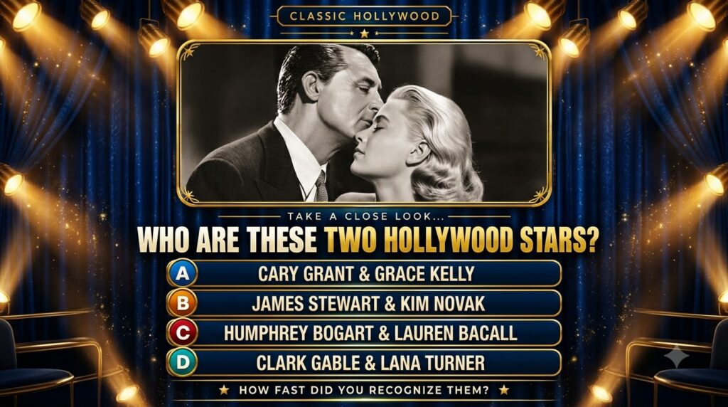 Black and white photograph of Cary Grant kissing Grace Kelly s forehead from a social media quiz graphic