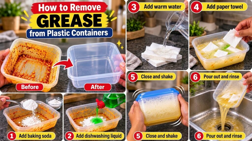 An infographic showing a Before and After comparison of a greasy plastic container and a clean one followed by six step-