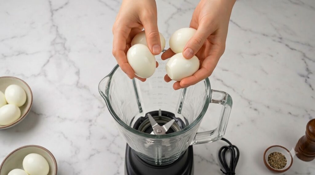 Hands gently placing cubes of silken tofu into a blender jar