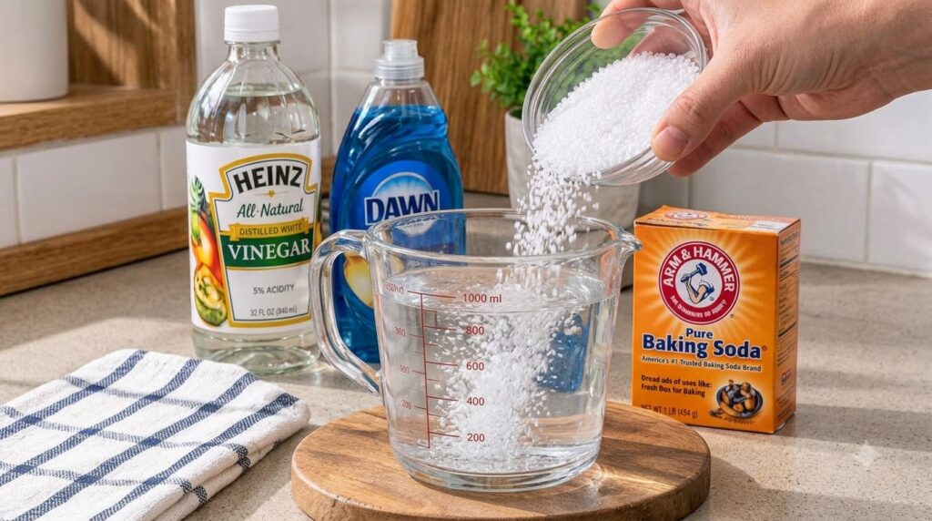 A hand pouring white baking soda from a glass bowl into a glass measuring cup with water set on a bright kitchen counter