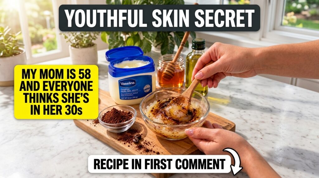 Hands stirring a homemade face mask in a glass bowl with Vaseline honey and ground coffee around it