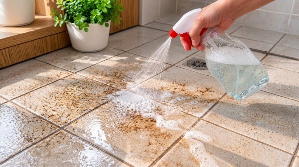 A hand holding a spray bottle actively spraying cleaning solution onto a dirty tiled floor with foam already forming In