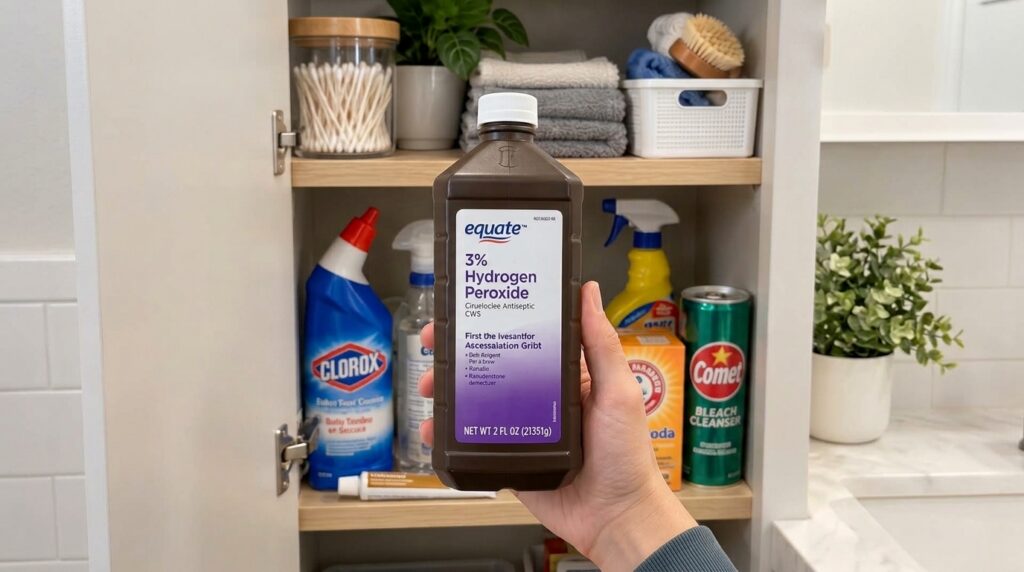 A hand holding a bottle of 3 hydrogen peroxide in a clean organized bathroom cabinet setting