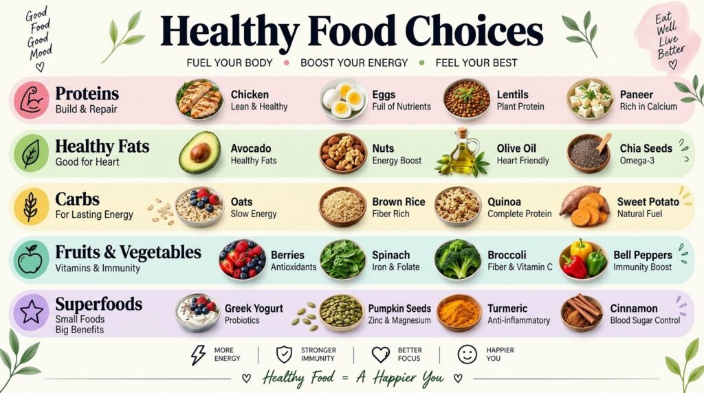 An infographic titled Healthy Food Choices showing different food categories like proteins healthy fats carbs fruits veg