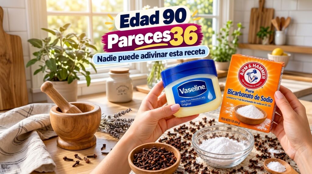 Two hands holding a jar of Vaseline and a box of Arm Hammer baking soda with white powder in a glass bowl and scattered 