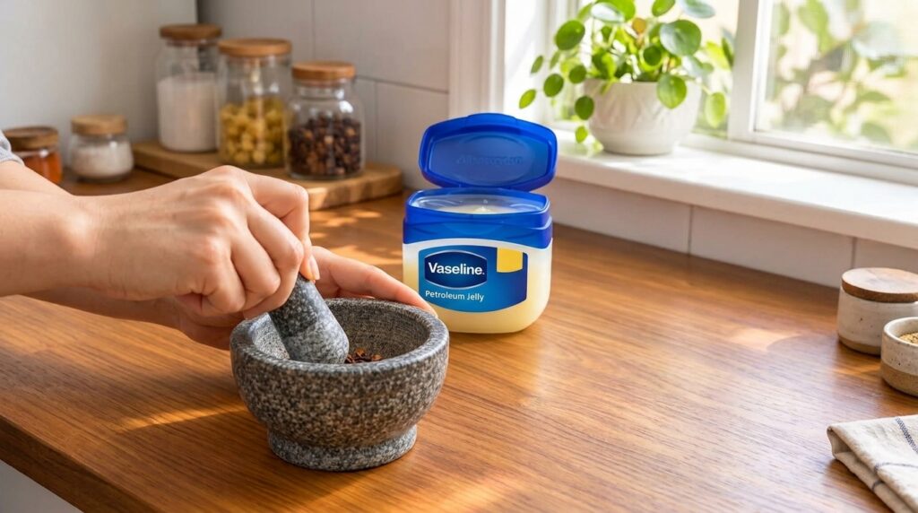 A person s hands grinding cloves in a stone mortar and pestle on a wooden countertop with an open jar of Vaseline in the