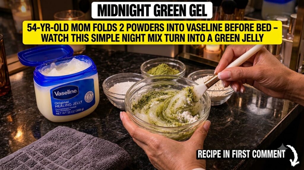 Hands mixing green tea powder rice powder and Vaseline in a clear glass bowl with a spatula with a tub of Vaseline and s