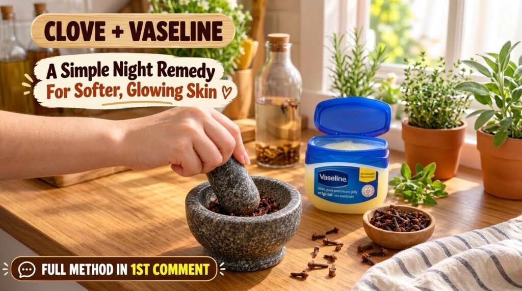 A hand grinding cloves in a mortar and pestle with an open jar of Vaseline and whole cloves on a wooden surface