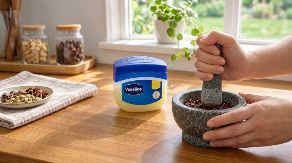 Close-up of hands grinding cloves and spices in a granite mortar with a pestle An open jar of Vaseline is in the mid-gro
