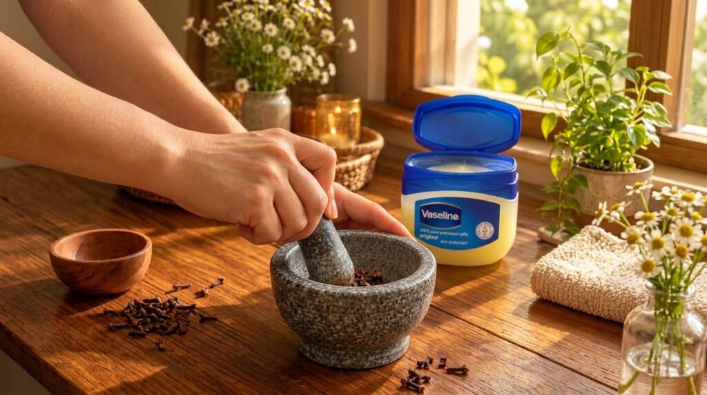 Hands grinding cloves in a stone mortar and pestle with a tub of Vaseline dried peppers a candle and daisies in the back
