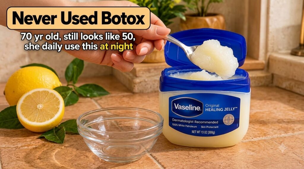 A hand scooping Vaseline from a jar with whole and halved lemons next to it on a tiled surface and an empty glass bowl