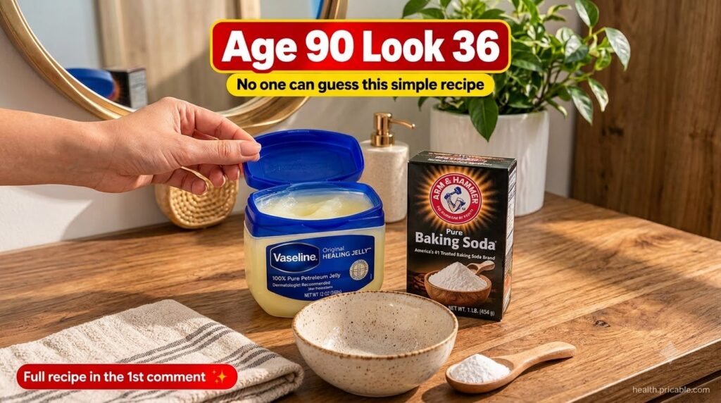 A flat lay composition showing an open jar of Vaseline Original Healing Jelly a box of Arm Hammer Pure Baking Soda an em