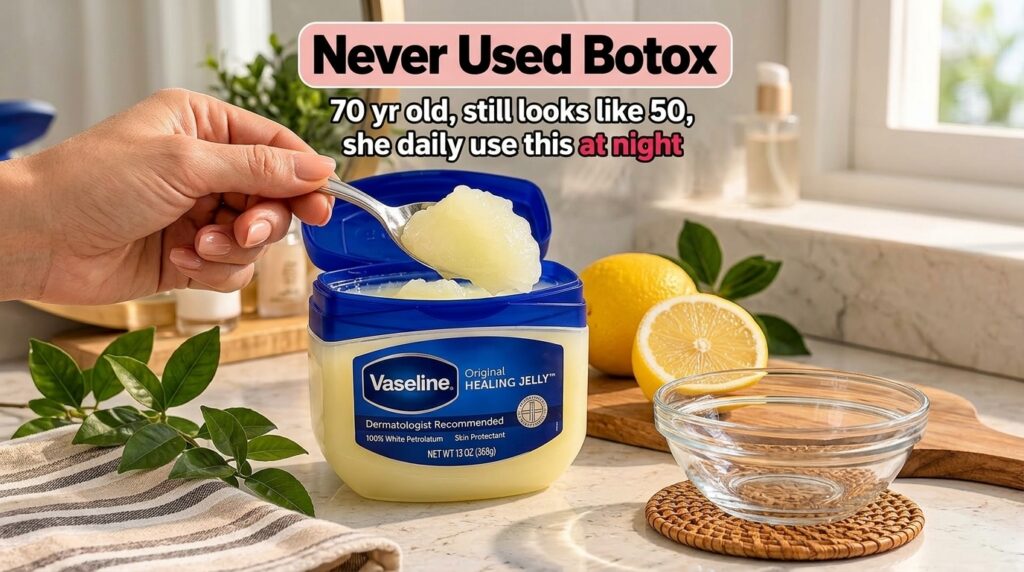 A prominent tub of Vaseline Original Healing Jelly with a spoon scooping out some product next to fresh lemons one whole