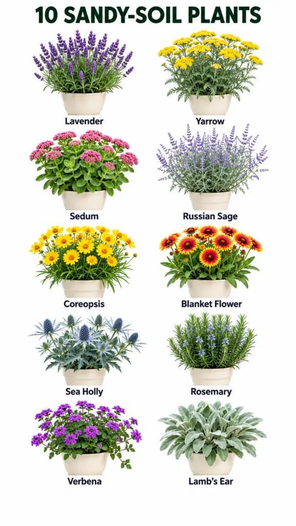 A grid of 10 different potted plants suitable for sandy soil each clearly labeled with its common name Lavender Yarrow R