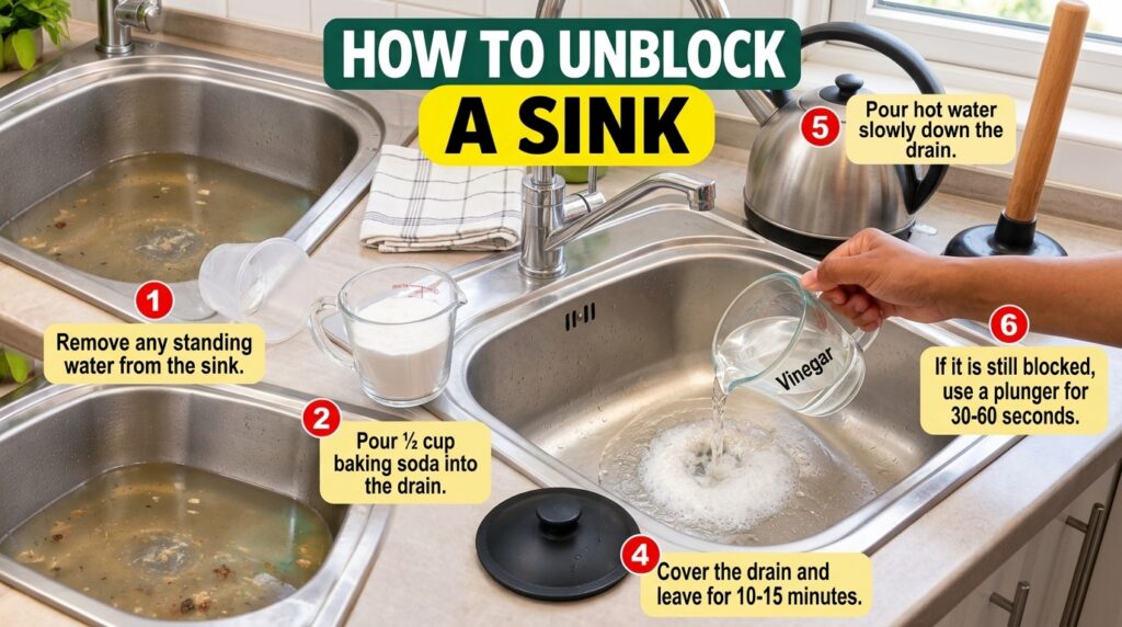 A multi-panel guide illustrating how to unblock a sink The top section features a double kitchen sink with one side visi