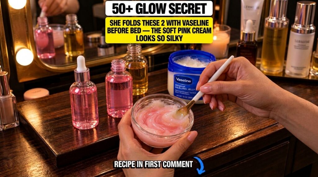 A close-up of hands mixing a pink and white creamy substance in a glass bowl with a gold-tipped spoon with small bottles