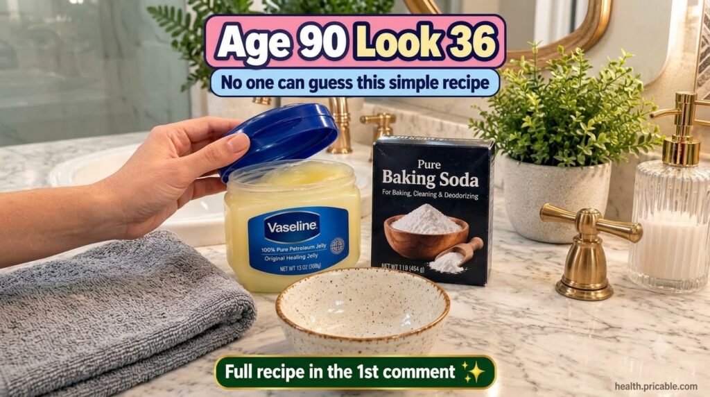 A close-up overhead shot of Vaseline and baking soda next to a mixing bowl on a marble counter implying a DIY beauty rec