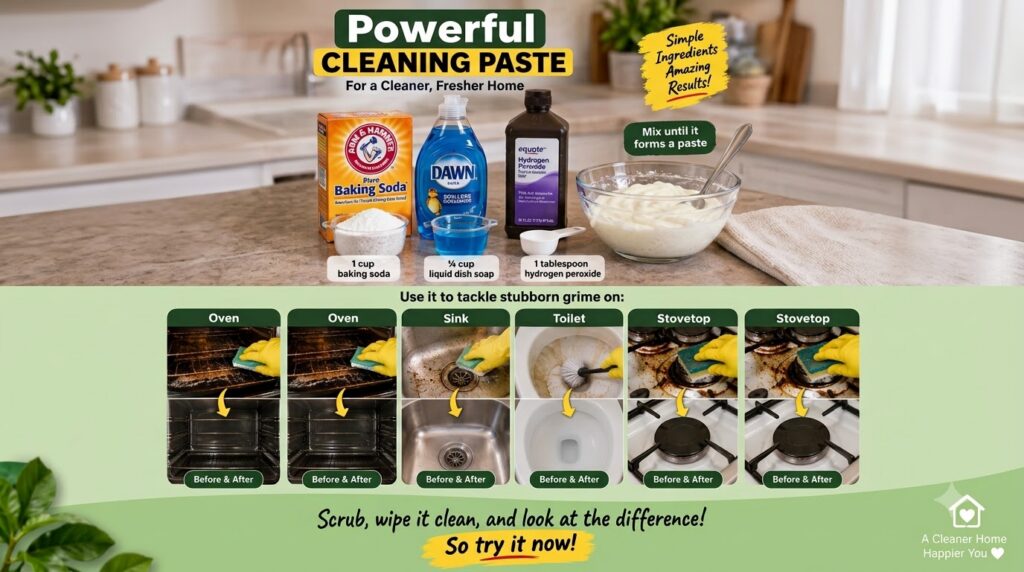 An infographic showing the ingredients baking soda liquid dish soap hydrogen peroxide for a cleaning paste the paste bei