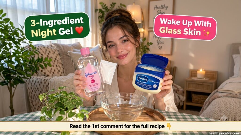 A smiling woman holding a bottle of baby oil and a tub of Vaseline with a clear glass bowl of water in the foreground in