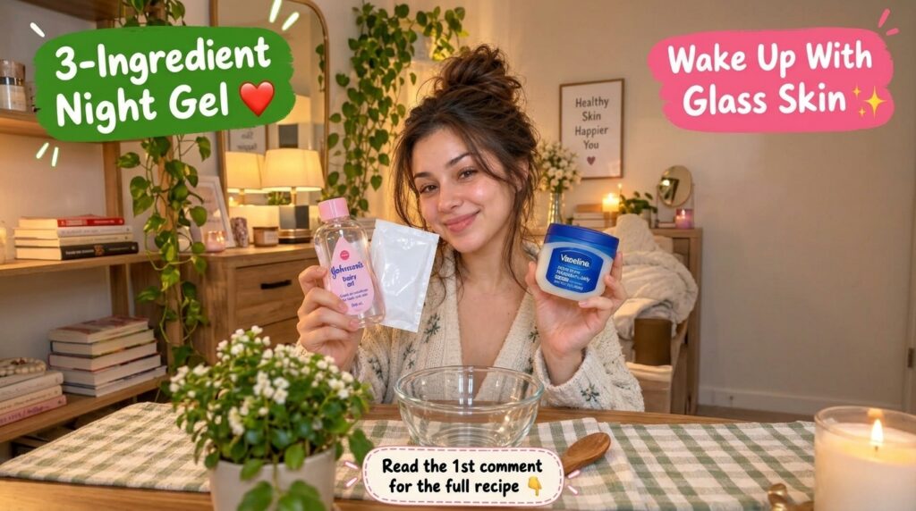 A smiling woman holding Johnson s Baby Oil a white sachet and a jar of Vaseline above an empty glass bowl ready for a DI