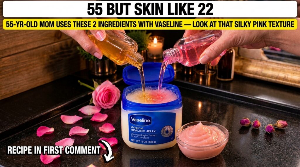 Hands pouring rose water and almond oil into a tub of Vaseline with pink roses and a glowing candle in the background cr