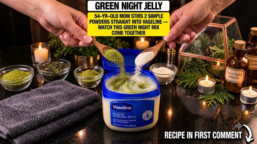 Hands preparing a homemade green night jelly mixture pouring green and white powders into Vaseline with wooden spoons